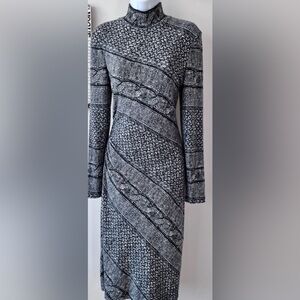 Cache Printed Long Sleeve Ruching Midi Sweater Knit Mock Neck  Dress Size S